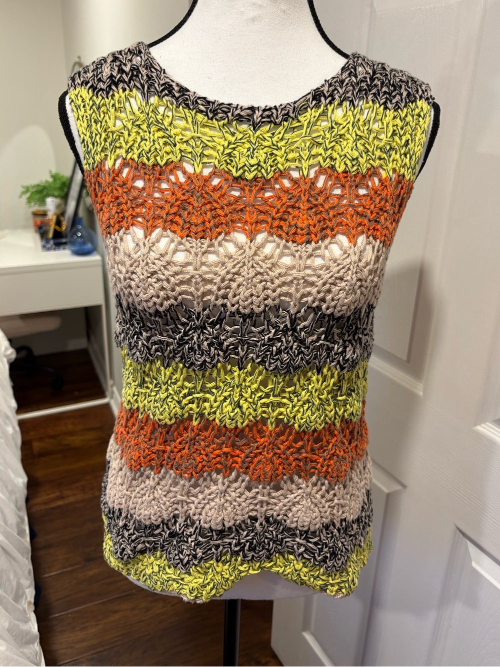 Alison Sheri Crochet Open Knit Striped Boho Sweater Vest S